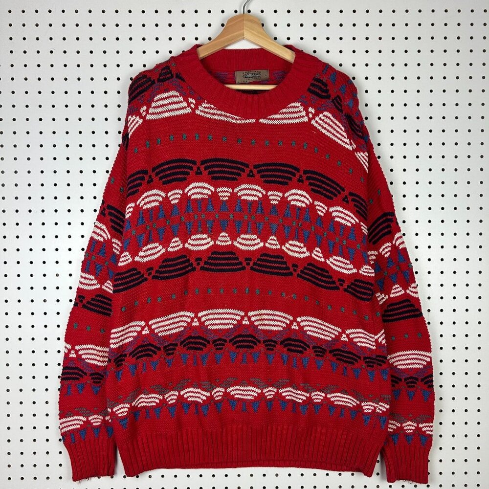 Portland Sweater Co Red Knit Sweater Large Grandpa 90s Striped Chunky‎ Pullover